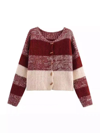 Cardigan Femme Élastique Côtes Boutons en Bois Design Élégant