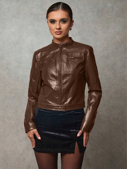 Veste en cuir courte pour femme, style asymétrique chic