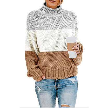 Pull Femme Gros Tricot Col Haut Moderne Color Block