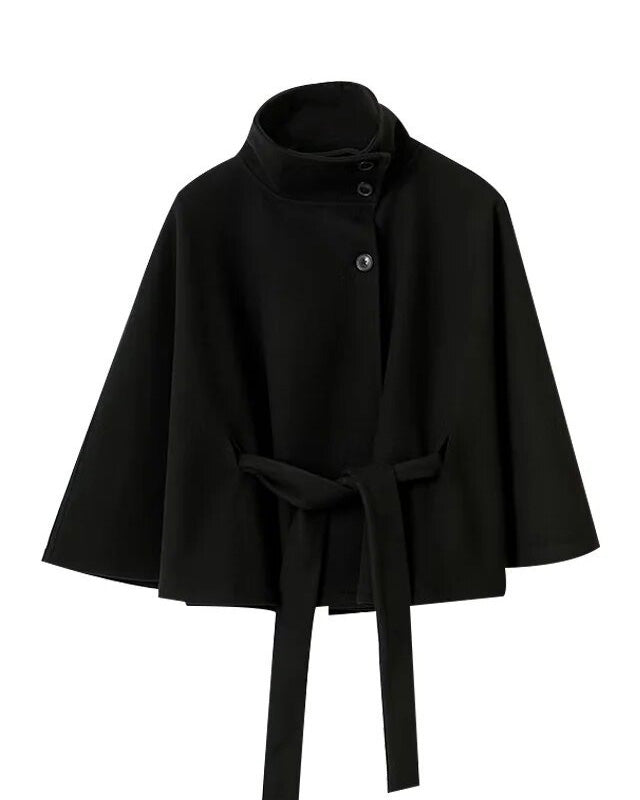 Élégant manteau en laine avec ceinture et col montant