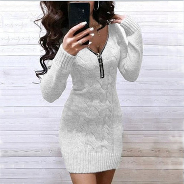 Robe pull en tricot pour femme avec fermeture éclair et motif torsadé