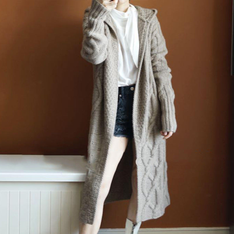 Gilet long en maille pour femme Capuche Torsades Hiver