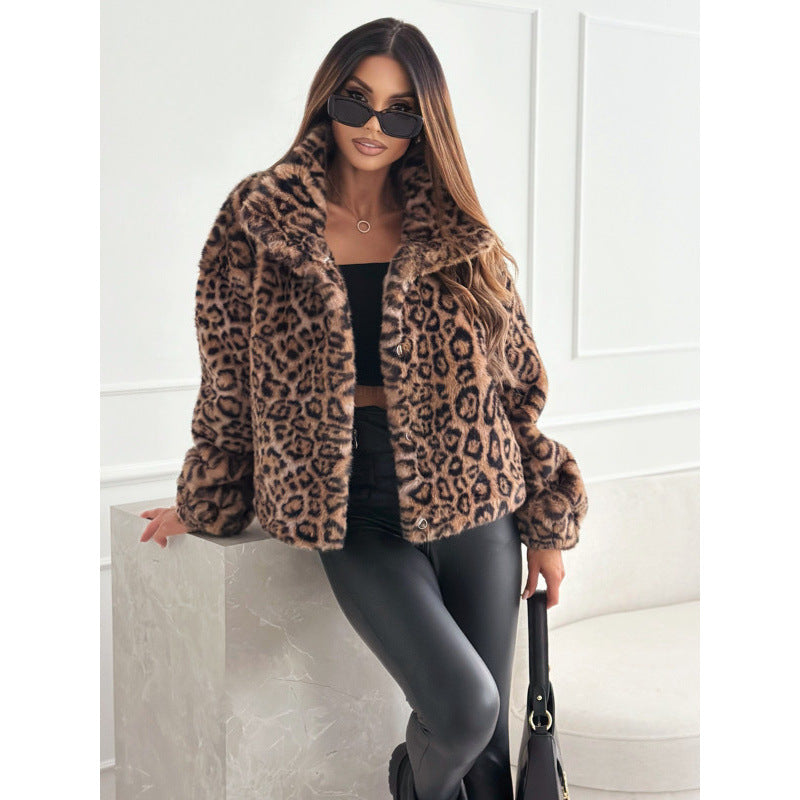 Veste Femme en Fausse Fourrure Imprimé Léopard Design Élégant