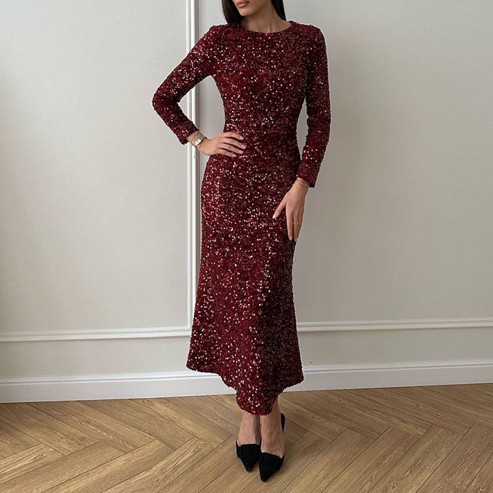 Damen Abendkleid Elegant Pailletten Langärmlig - IdealeKleiden