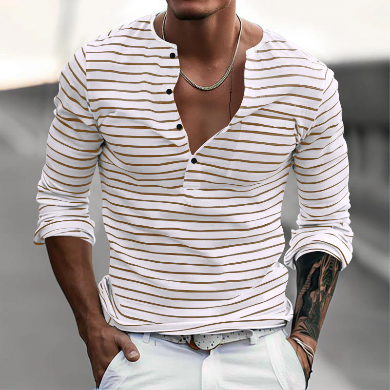 T-shirt à manches longues pour homme, à rayures, moderne, fermeture boutonnée