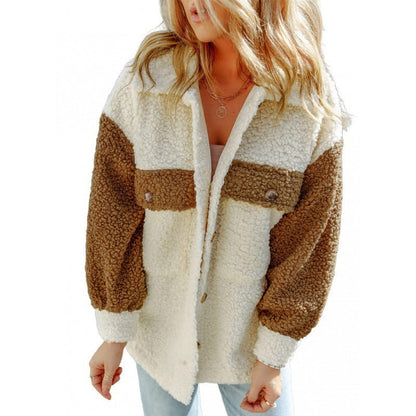 Veste Teddy douce pour femme, manches contrastantes, hiver