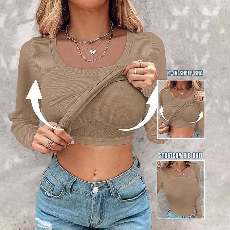 Crop top femme manches longues avec inserts de soutien-gorge stretch