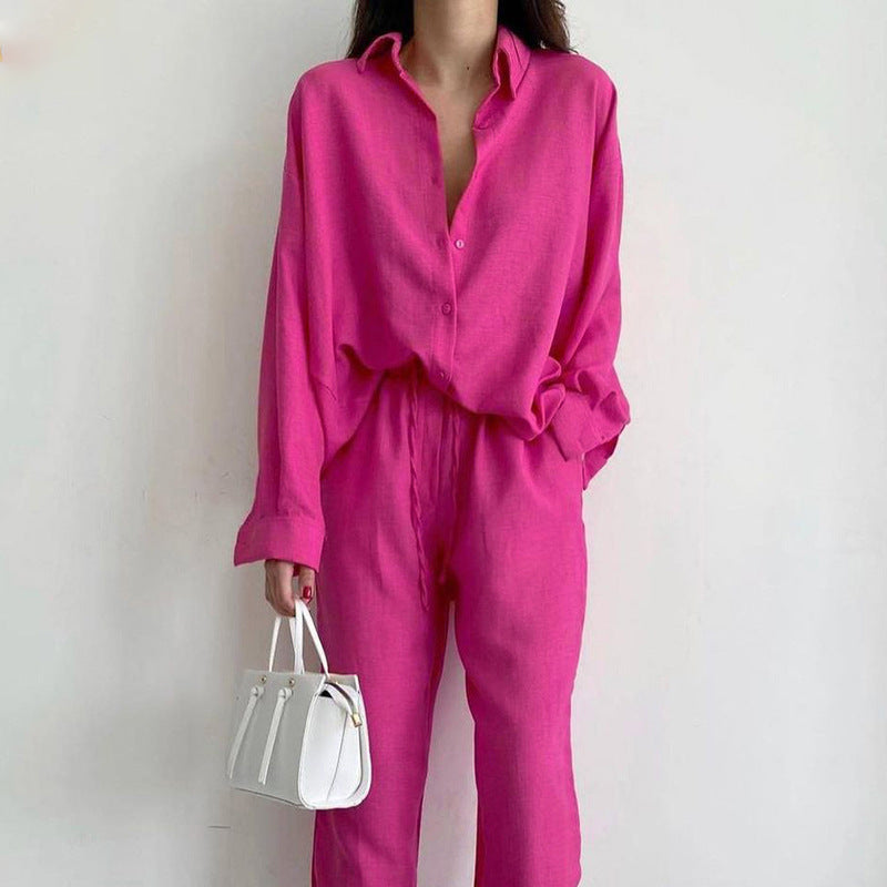 Ensemble pantalon et blouse en lin élégant pour femme