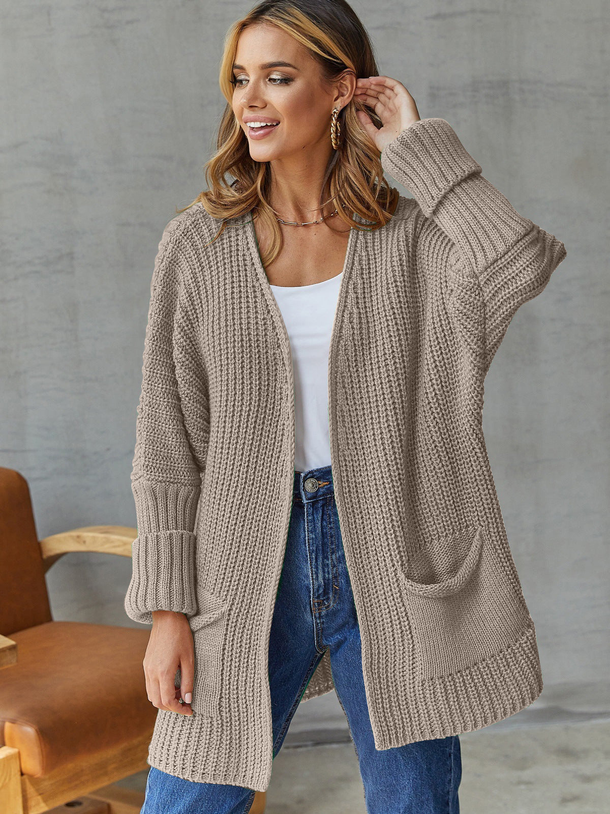Gilet long en maille côtelée pour femme