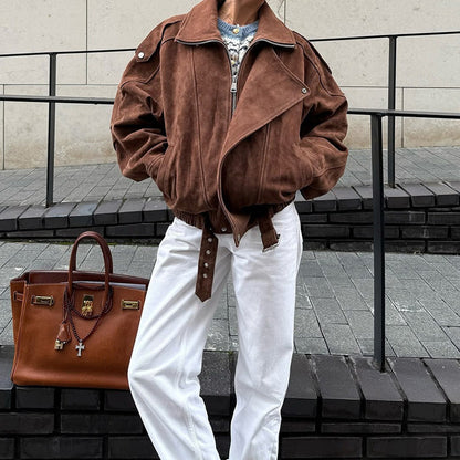 Damen Oversized Lederjacke Casual Stil - IdealeKleiden