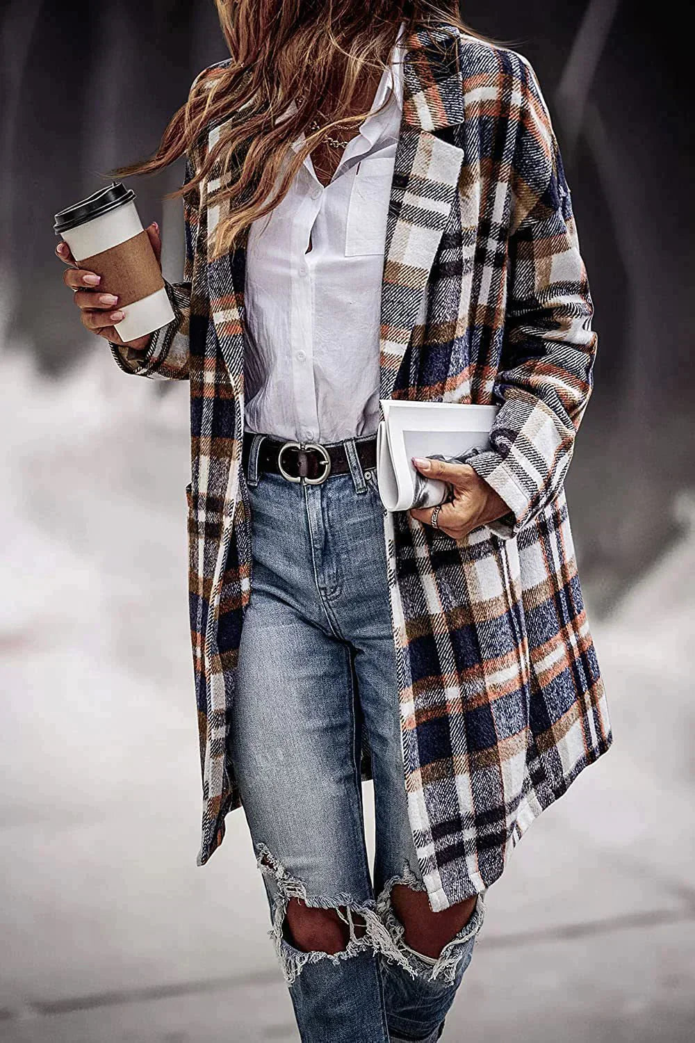 Manteau en laine ample pour femme, infroissable, à motif carreaux