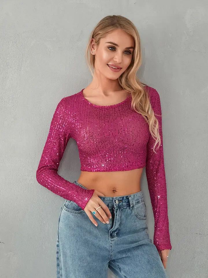 Haut à paillettes manches longues pour femme, élégant, robe de soirée