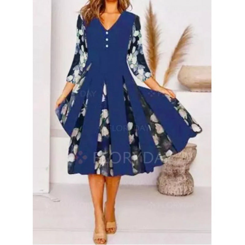 Robe midi pour femme Col en V Motif floral Élégante