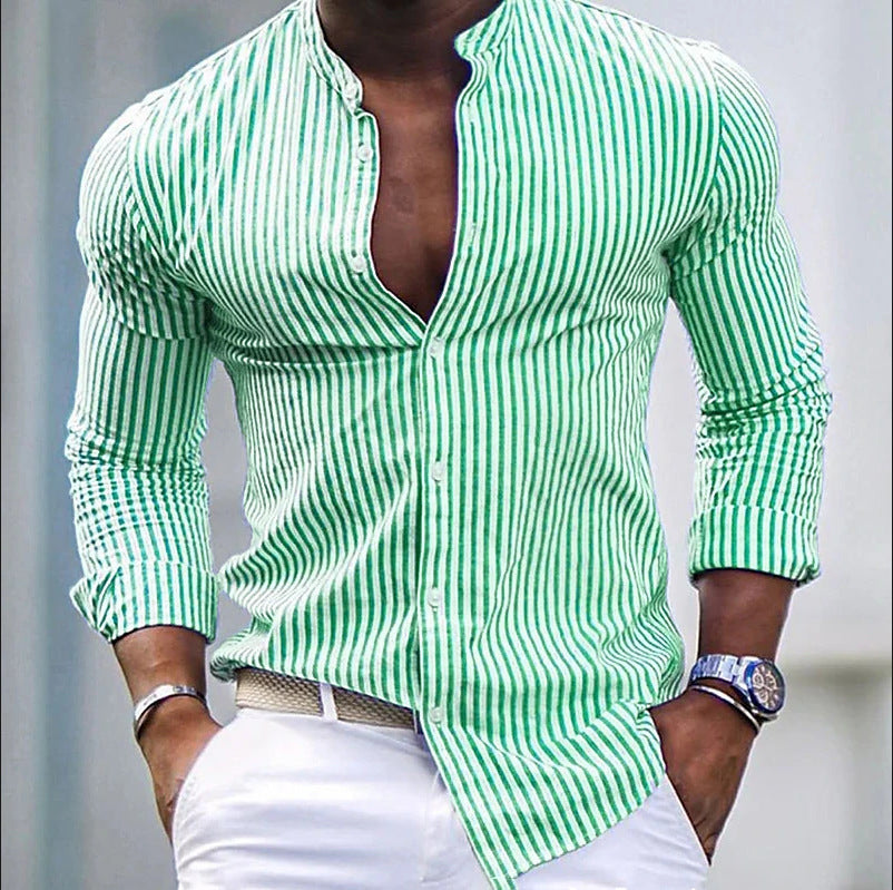Chemise Homme Manches Longues Col Montant Rayé Moderne