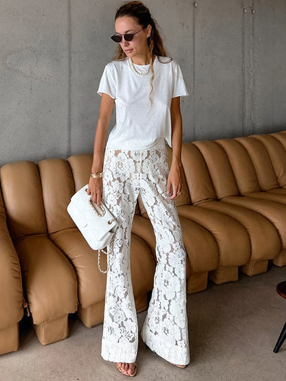 Pantalon Femme Élégant Dentelle Large Floral