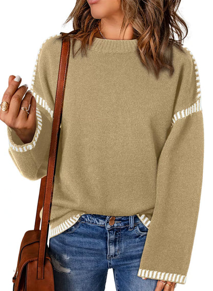 Vêtements amples pour femmes Col rond Tricot torsadé Manches longues Rayures