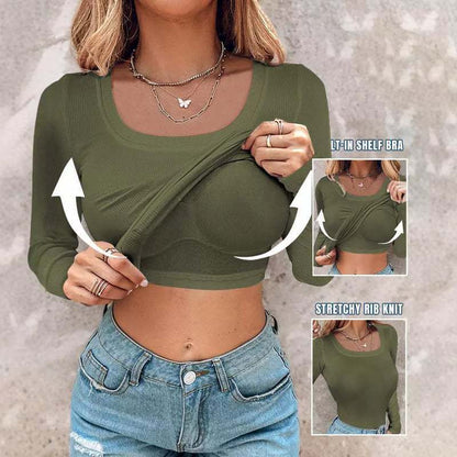 Crop top femme manches longues avec inserts de soutien-gorge stretch