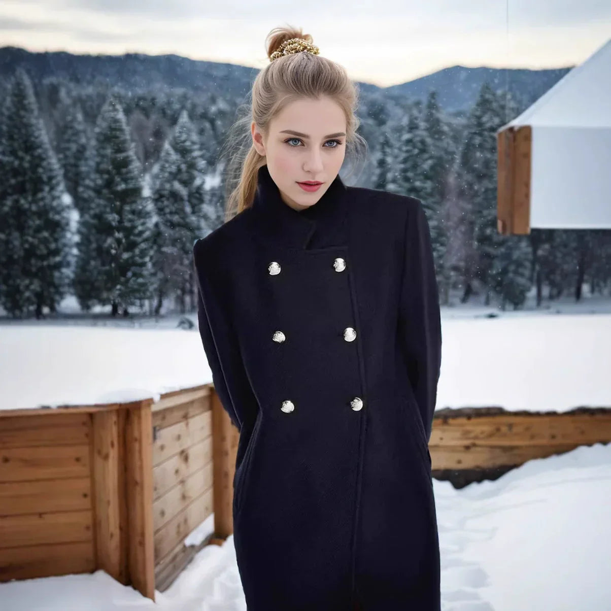 Veste en laine femme moderne, double boutonnage, col haut