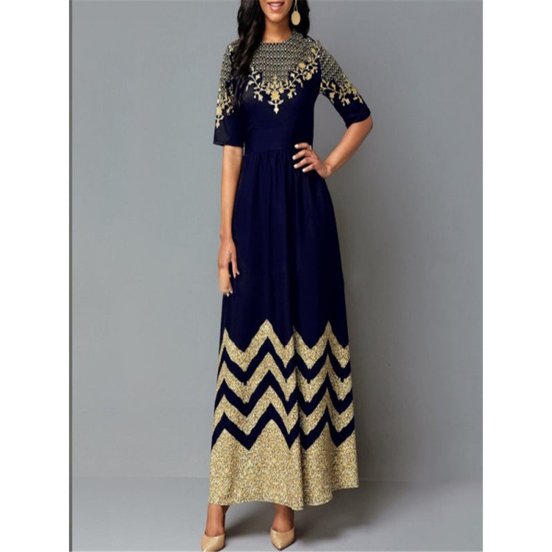 Robe longue femme élégante à motifs dorés robe d'été