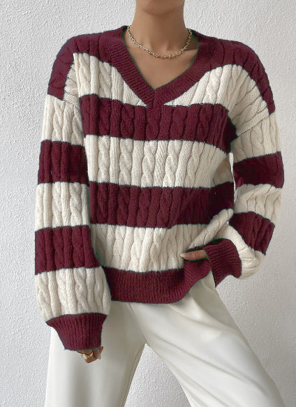 Pull en tricot pour femme col en V manches longues design élégant