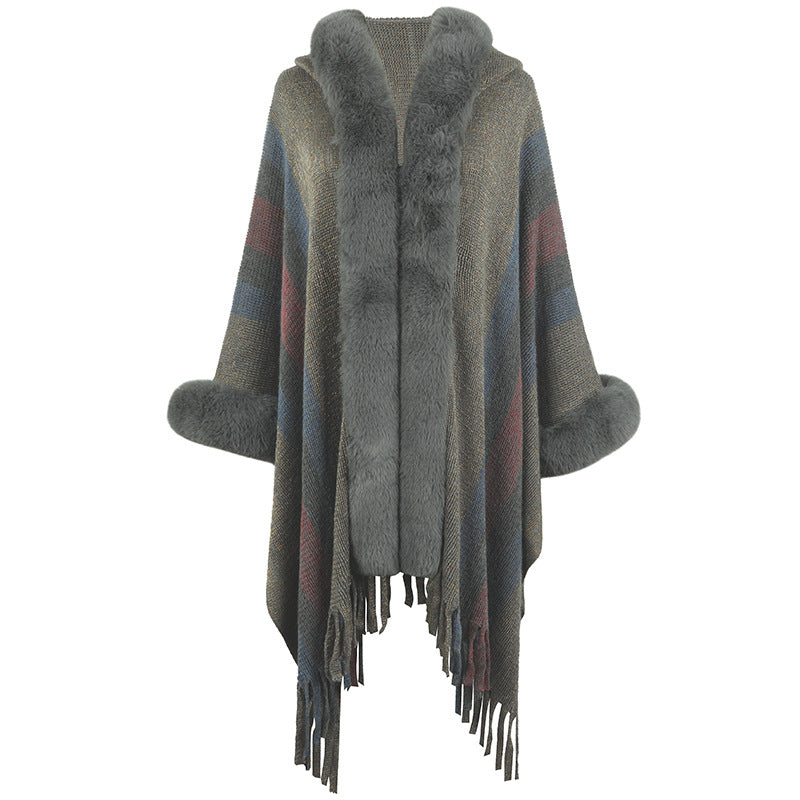 Poncho long femme col en fausse fourrure de luxe
