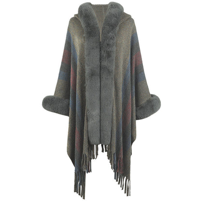 Poncho long femme col en fausse fourrure de luxe