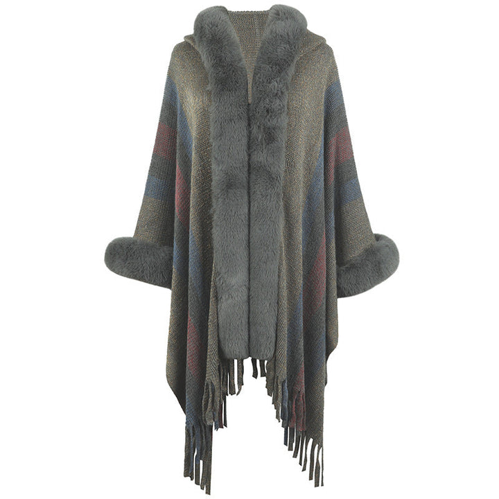 Poncho long femme col en fausse fourrure de luxe