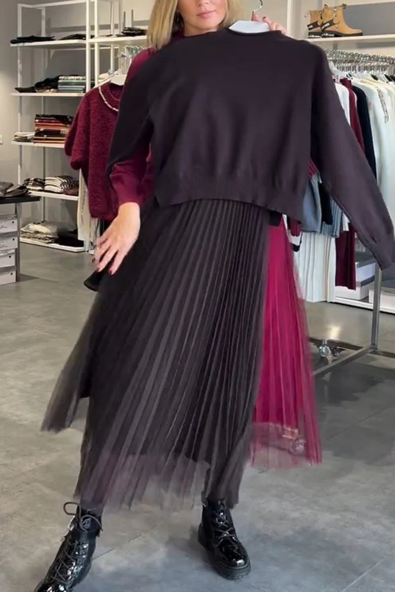 Ensemble chic jupe plissée et pull pour femme, tenues élégantes
