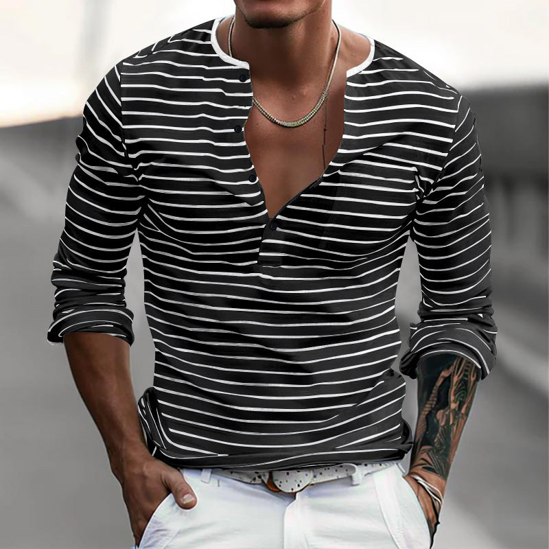T-shirt à manches longues pour homme, à rayures, moderne, fermeture boutonnée