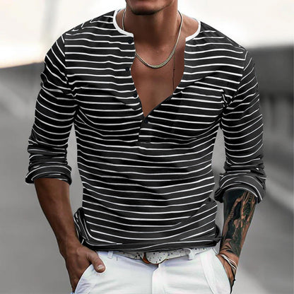 T-shirt à manches longues pour homme, à rayures, moderne, fermeture boutonnée