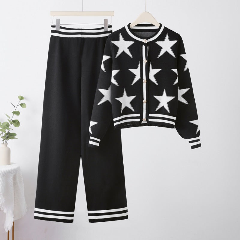 Damen Strickanzug Lounge Set Sternenmuster Trendy - IdealeKleiden
