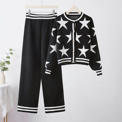 Damen Strickanzug Lounge Set Sternenmuster Trendy - IdealeKleiden