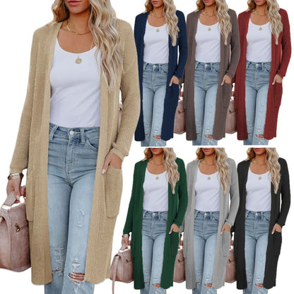 Damen Strickmantel Lässig Offene Front Taschen - IdealeKleiden