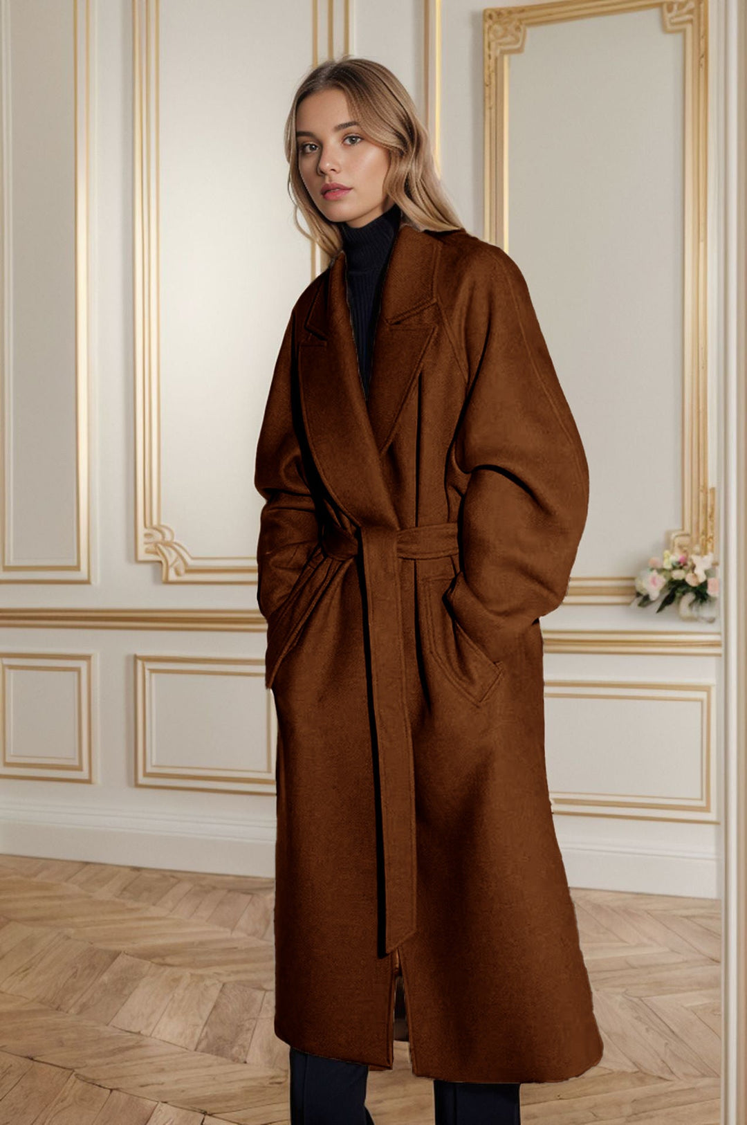 Manteau en laine pour femme élégant manches larges ceinture