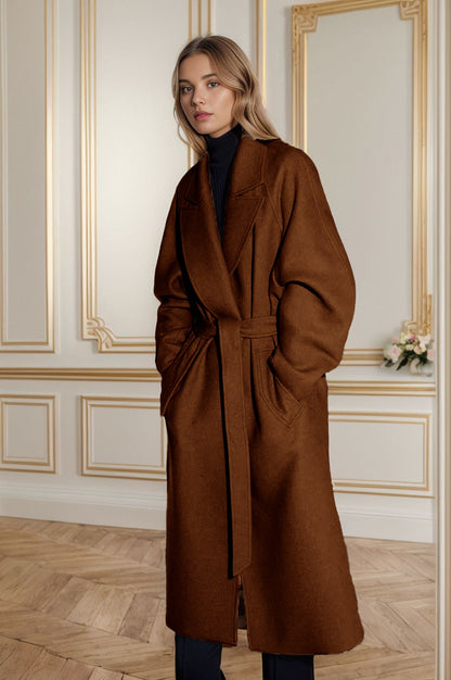 Manteau en laine pour femme élégant manches larges ceinture