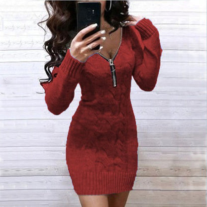 Robe pull en tricot pour femme avec fermeture éclair et motif torsadé