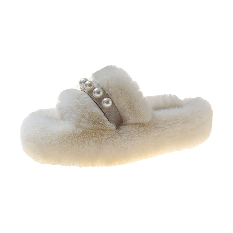 Chaussons douillets pour femmes en peluche avec décor de perles