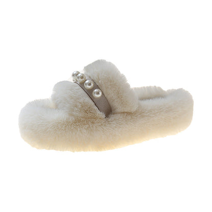 Chaussons douillets pour femmes en peluche avec décor de perles