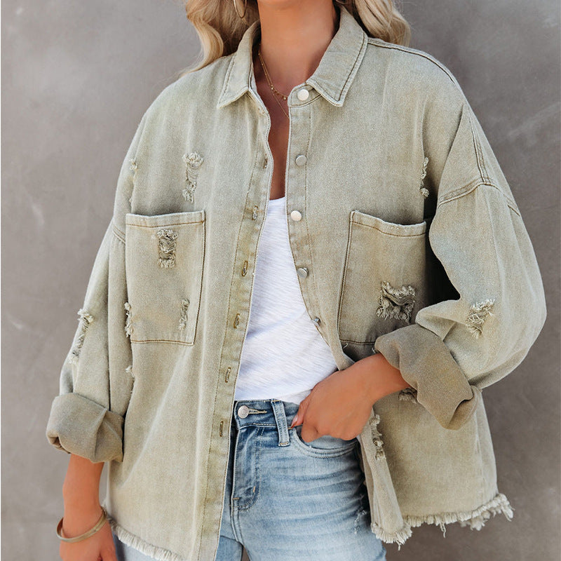 Chemisier en jean oversize à franges pour femme, style tendance