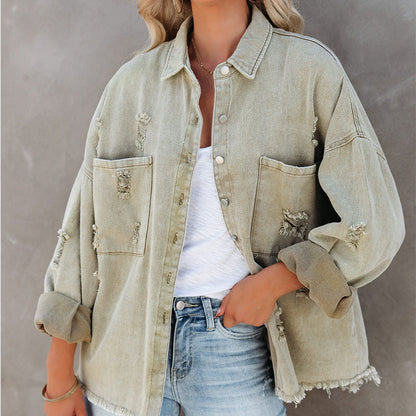 Chemisier en jean oversize à franges pour femme, style tendance