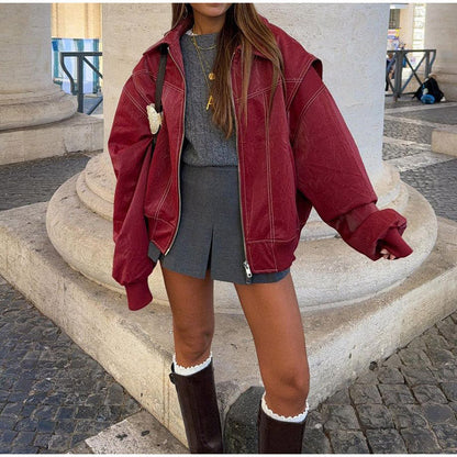 Damen Lederjacke Trendy Schmal Kragen - IdealeKleiden