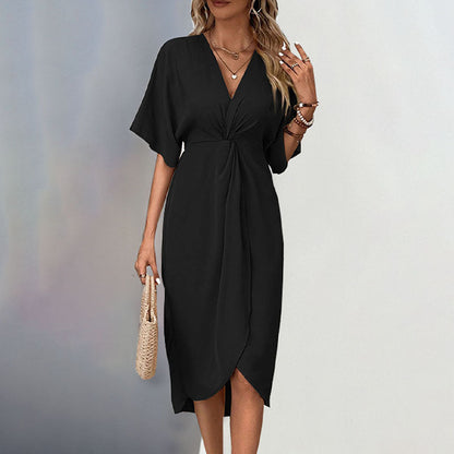 Elegantes Damen Wickelkleid mit V-Ausschnitt und Chic Knoten - IdealeKleiden