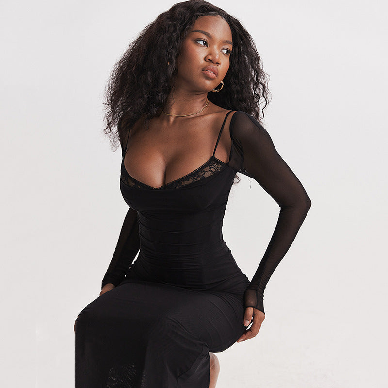 Robe longue élégante pour femme, manches transparentes et ourlet à volants