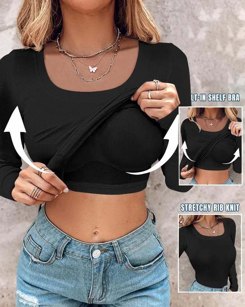 Crop top femme manches longues avec inserts de soutien-gorge stretch