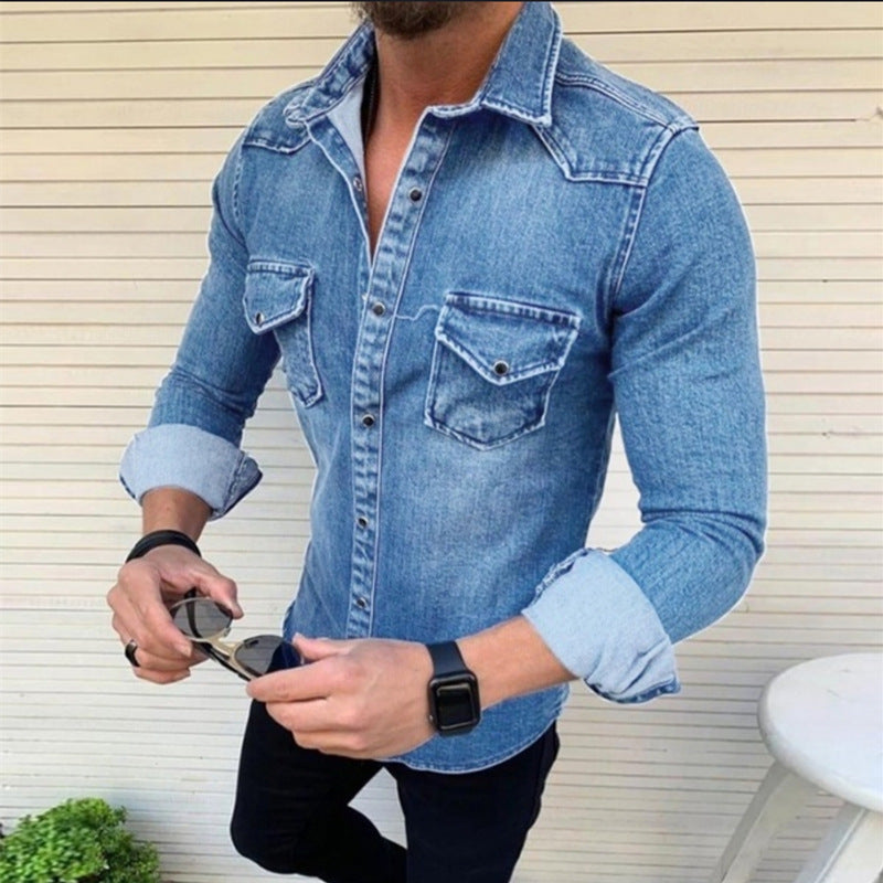 Chemise en jean pour homme coupe slim moderne avec poches poitrine
