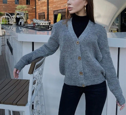 Cardigan long en grosse maille moderne à boutons pour femme
