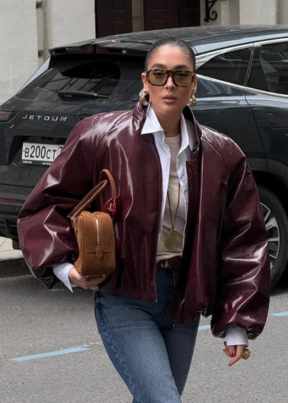 Veste en cuir brillante oversize pour femme