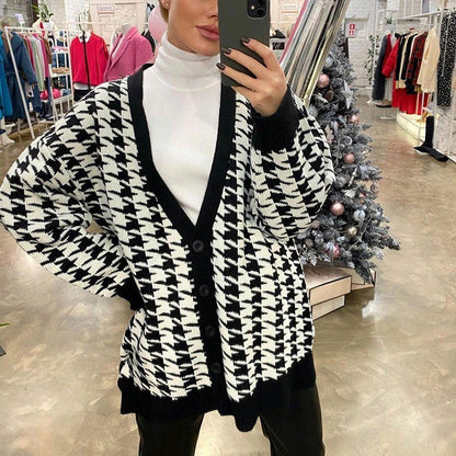 Cardigan femme motif carreaux tendance col en V