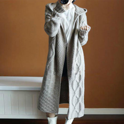 Gilet long en maille pour femme Capuche Torsades Hiver