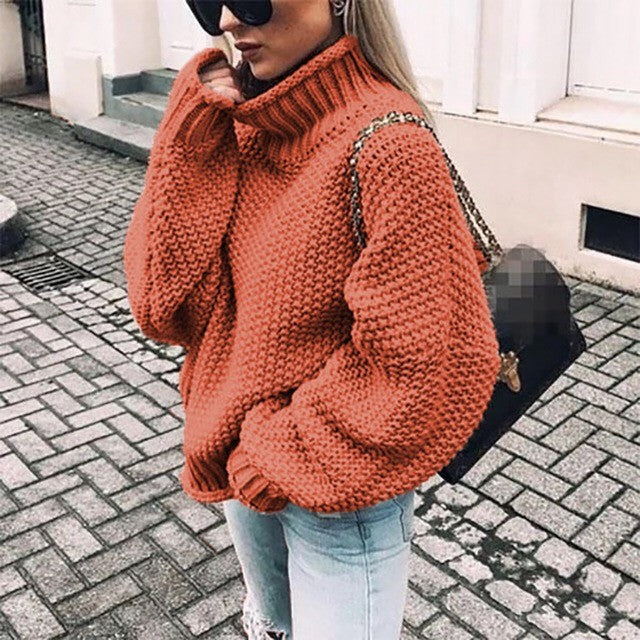 Pull femme grosse maille col montant manches oversize